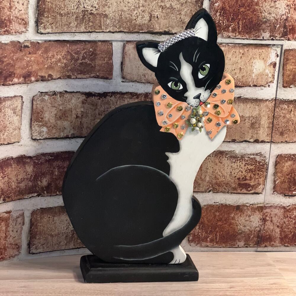 Vintage Hand Paint Artist Signed Wood Black And White Folk Art Cat Bling Accents